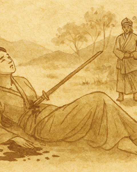 Parchment-style illustration of Mahsuri pierced by keris, white blood flowing, villagers stunned in Malaysian folktale.