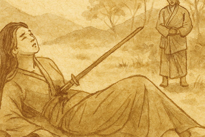 Parchment-style illustration of Mahsuri pierced by keris, white blood flowing, villagers stunned in Malaysian folktale.