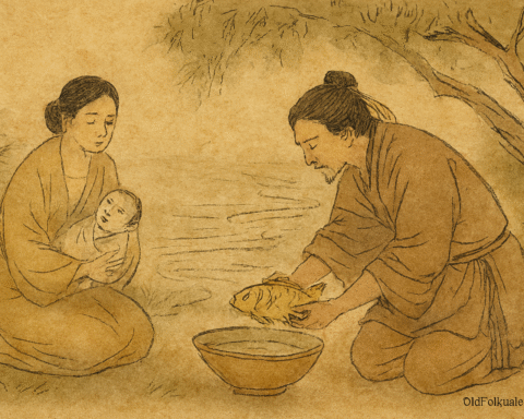 Parchment-style illustration of Malay king lifting goldfish from river as queen cradles newborn Bidasari nearby.