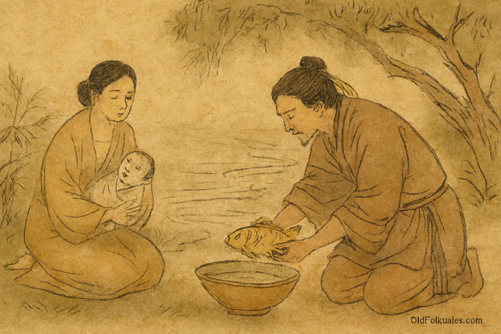 Parchment-style illustration of Malay king lifting goldfish from river as queen cradles newborn Bidasari nearby.