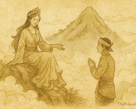Parchment-style illustration of Malaysian mountain princess listing seven demands to Hang Tuah.
