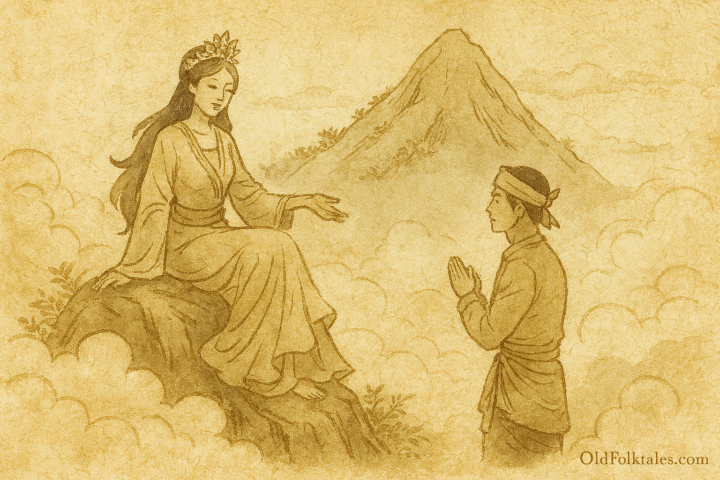 Parchment-style illustration of Malaysian mountain princess listing seven demands to Hang Tuah.