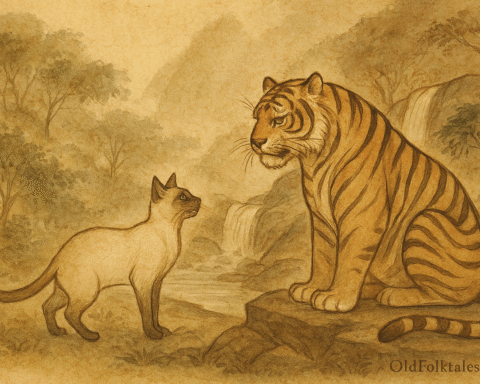 Parchment-style illustration of Malaysian tiger and Siamese cat facing each other beside jungle waterfall.