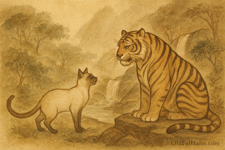 Parchment-style illustration of Malaysian tiger and Siamese cat facing each other beside jungle waterfall.