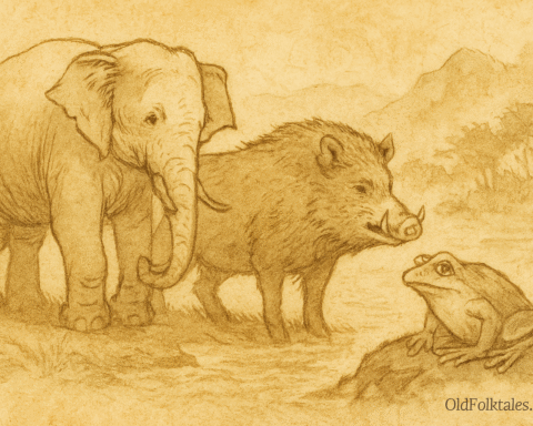 Parchment-style illustration of Malaysian elephant, wild boar, and frog preparing to cross Johor straits.