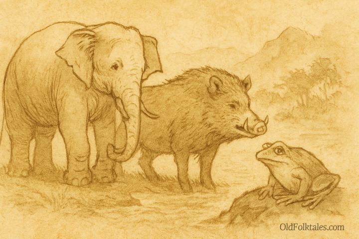 Parchment-style illustration of Malaysian elephant, wild boar, and frog preparing to cross Johor straits.