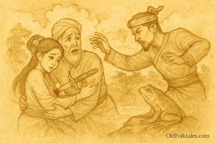 Parchment-style illustration of Radin Mas shielding father from kris attack in traditional Singaporean folktale.
