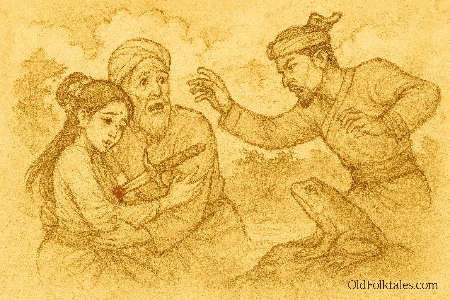 Parchment-style illustration of Radin Mas shielding father from kris attack in traditional Singaporean folktale.