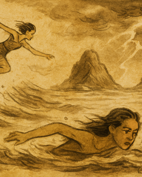 Parchment-style illustration of Singaporean Minah swimming through stormy sea toward the rising islands.
