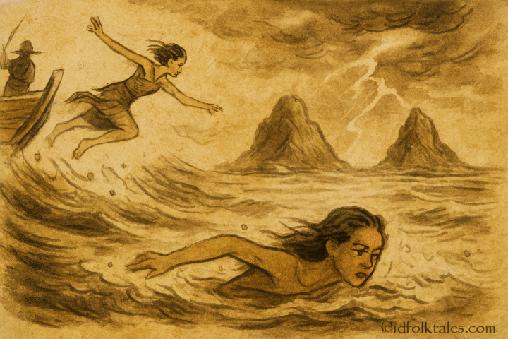 Parchment-style illustration of Singaporean Minah swimming through stormy sea toward the rising islands.