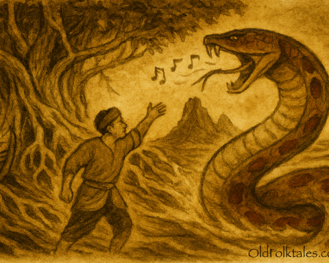 Parchment-style illustration of Singaporean villagers attacking giant snake beneath ancient banyan tree.