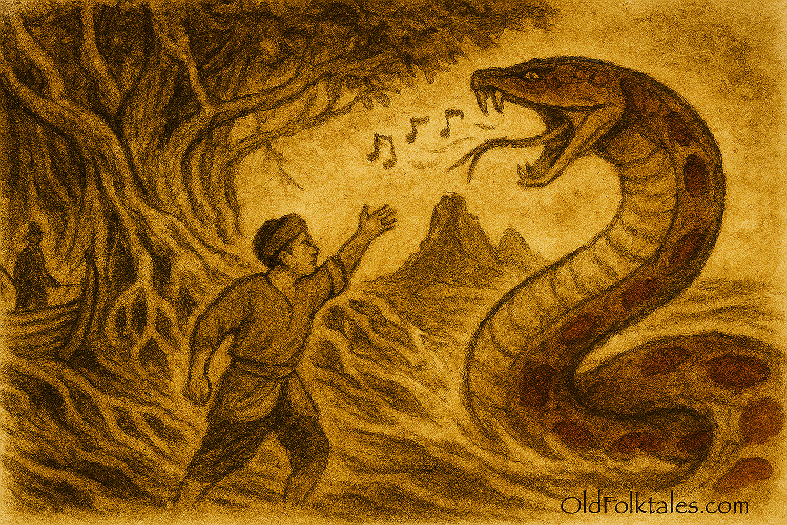 Parchment-style illustration of Singaporean villagers attacking giant snake beneath ancient banyan tree.