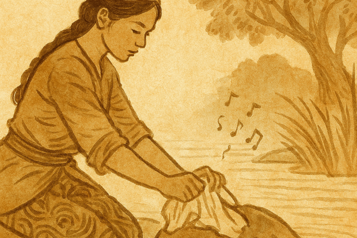 Parchment-style illustration of Indonesian Bawang Putih washing clothes at riverbank in traditional attire.