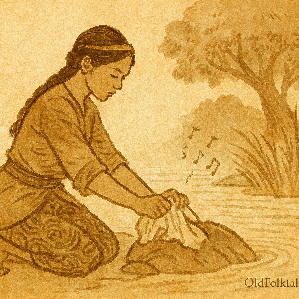 Parchment-style illustration of Indonesian Bawang Putih washing clothes at riverbank in traditional attire.
