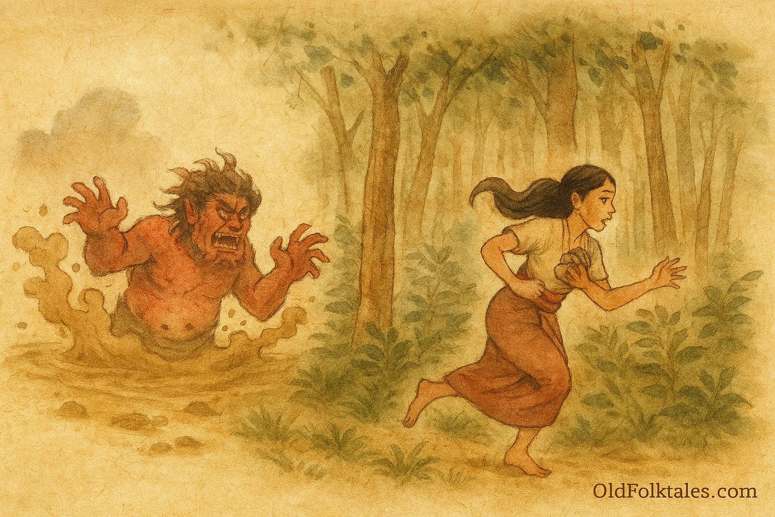 Parchment-style illustration of Indonesian Timun Mas fleeing red giant through forest with magical pouches.