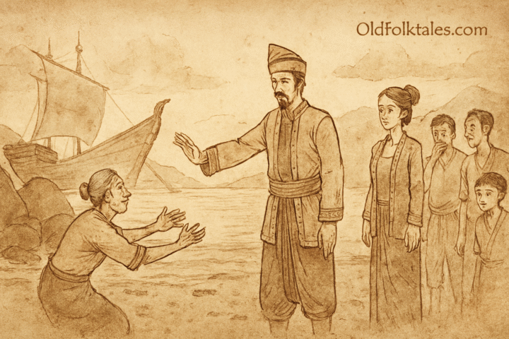 Parchment-style illustration of Indonesian Malin Kundang rejecting his mother at harbor before storm .