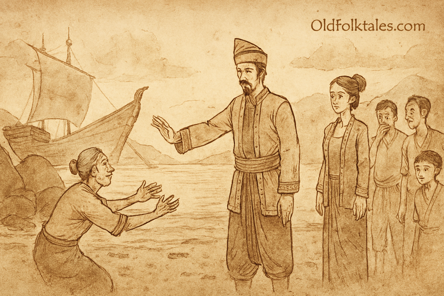 Parchment-style illustration of Indonesian Malin Kundang rejecting his mother at harbor before storm .