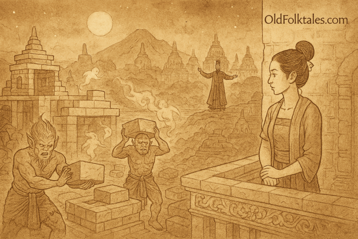 Parchment-style illustration of Indonesian Roro Jonggrang watching spirits build temples under moonlight and false dawn.