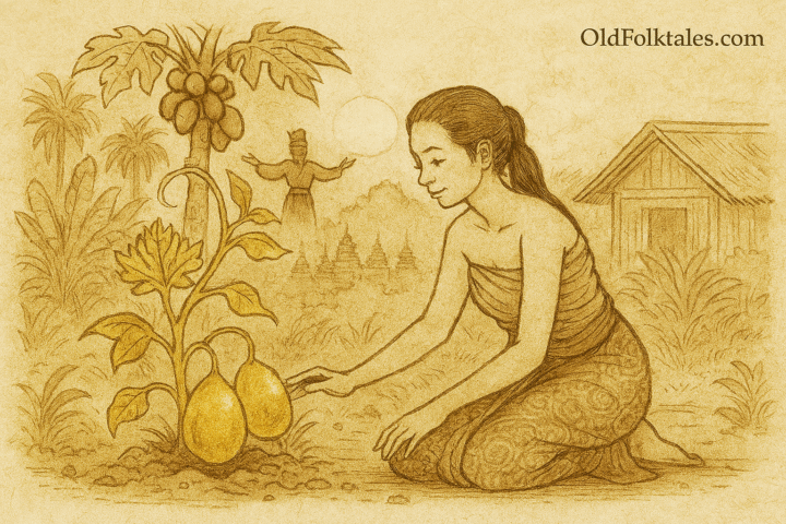 Parchment-style illustration of Indonesian Bawang Putih kneeling beside magical golden gourds in village garden.