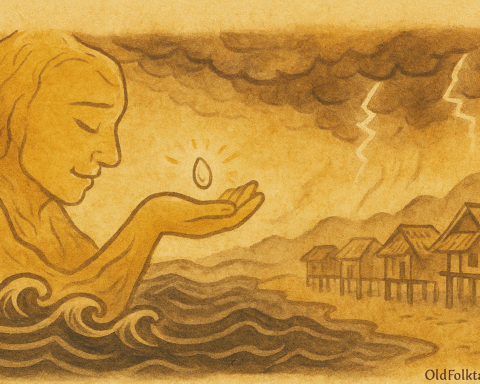 Parchment-style illustration of Indonesian Golden Mountain lifting rice grain as storm hits coastal village.