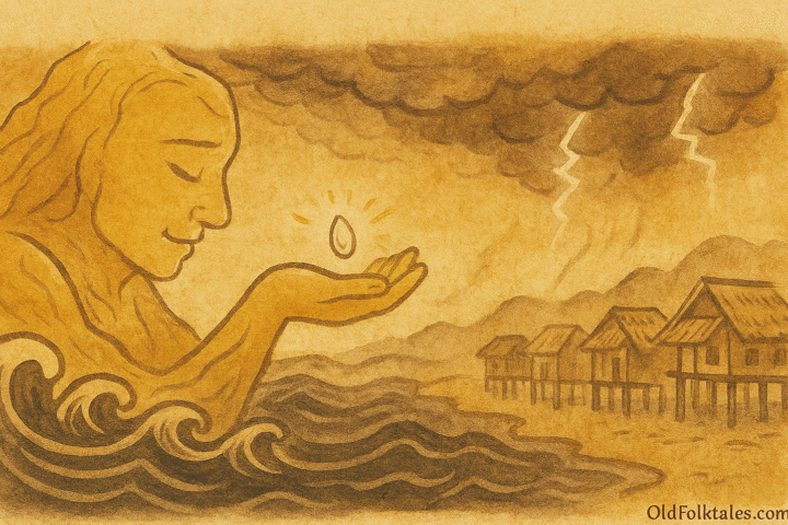 Parchment-style illustration of Indonesian Golden Mountain lifting rice grain as storm hits coastal village.