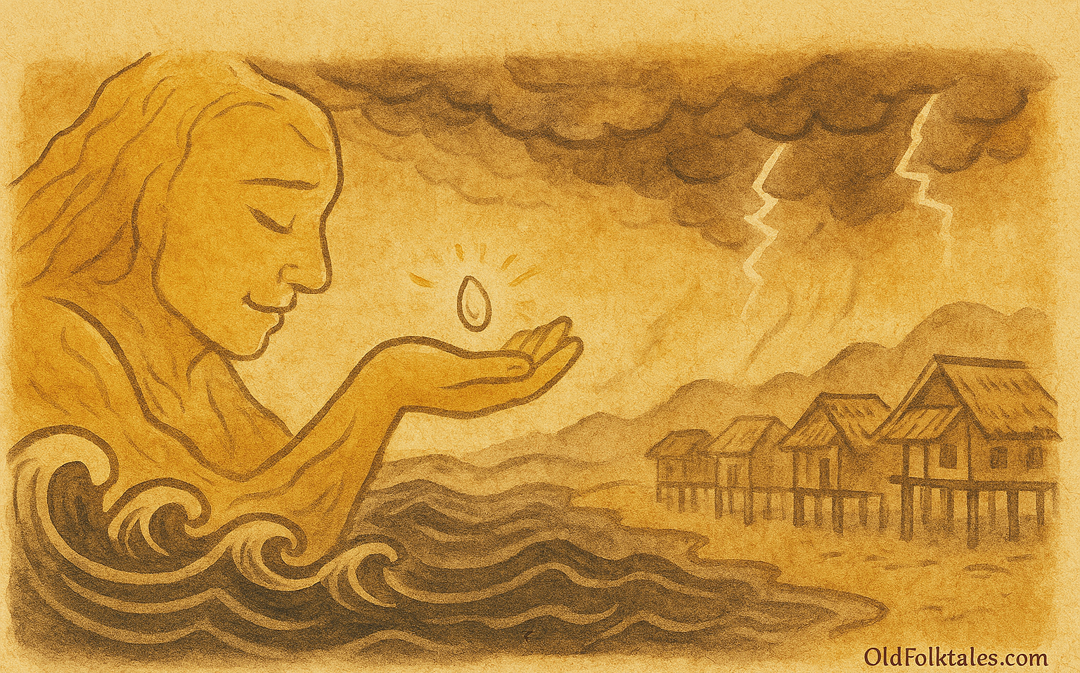Parchment-style illustration of Indonesian Golden Mountain lifting rice grain as storm hits coastal village.
