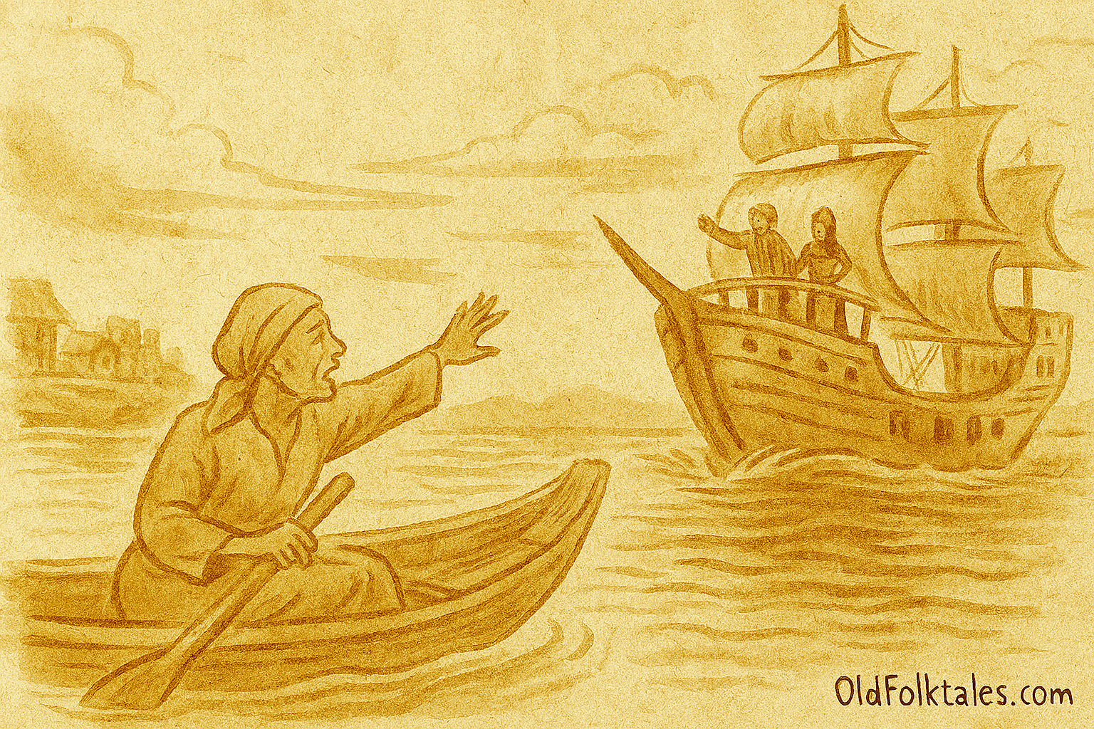 Parchment-style illustration of Bruneian Nakhoda Manis denying his mother from ship deck on Brunei River.