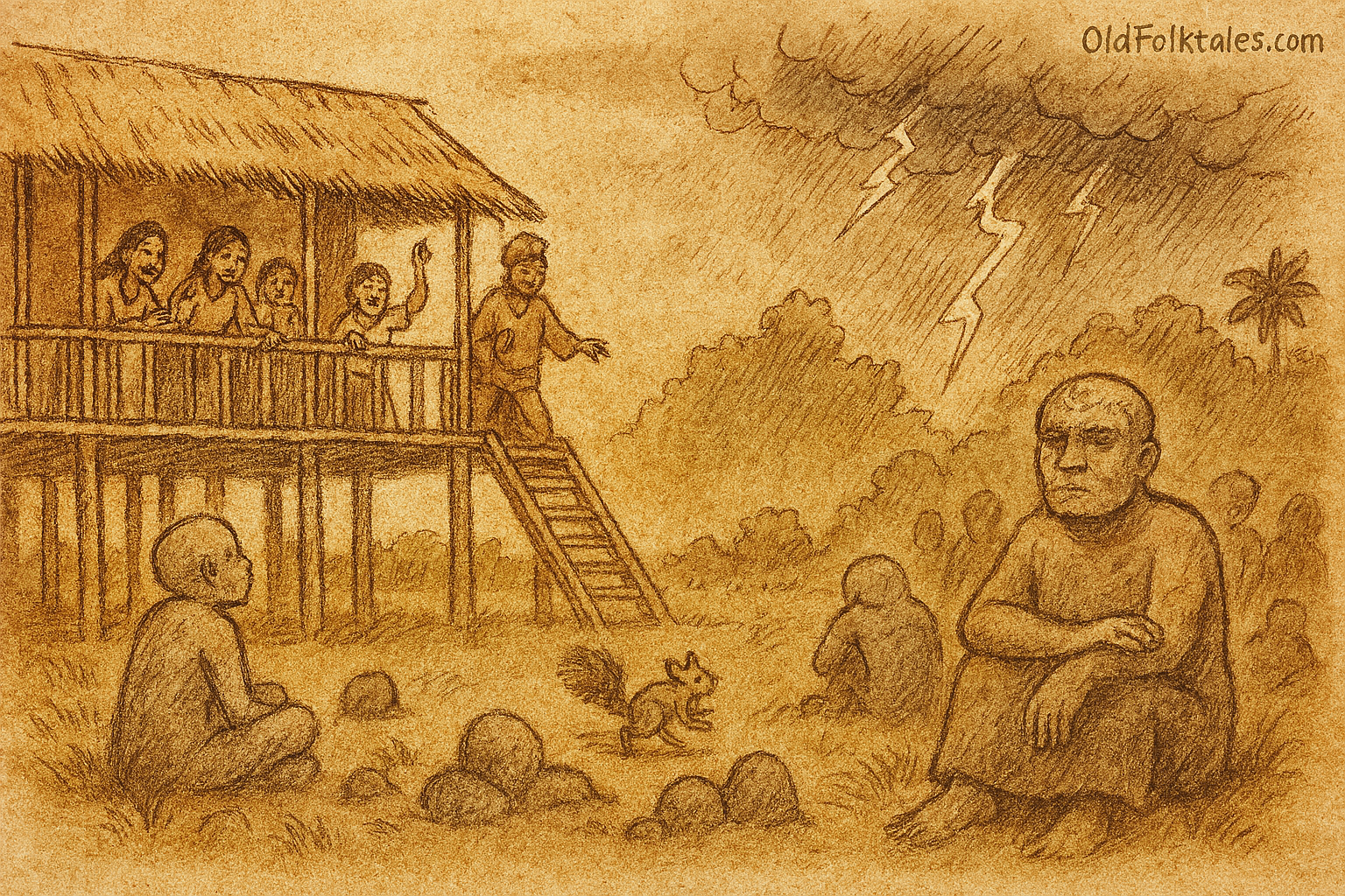 Parchment-style illustration of Bruneian villagers turning to stone as storm strikes longhouse after cruelty to animals.