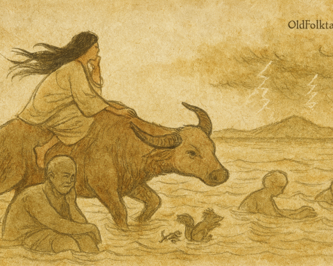 Parchment-style illustration of Philippine Aponibolinayen riding carabao across ocean, fleeing husband she misunderstood.