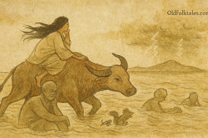 Parchment-style illustration of Philippine Aponibolinayen riding carabao across ocean, fleeing husband she misunderstood.