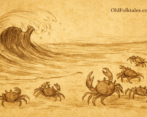 Parchment-style illustration of Philippine crabs marching to ocean as shrimp flees and wave rises behind them.