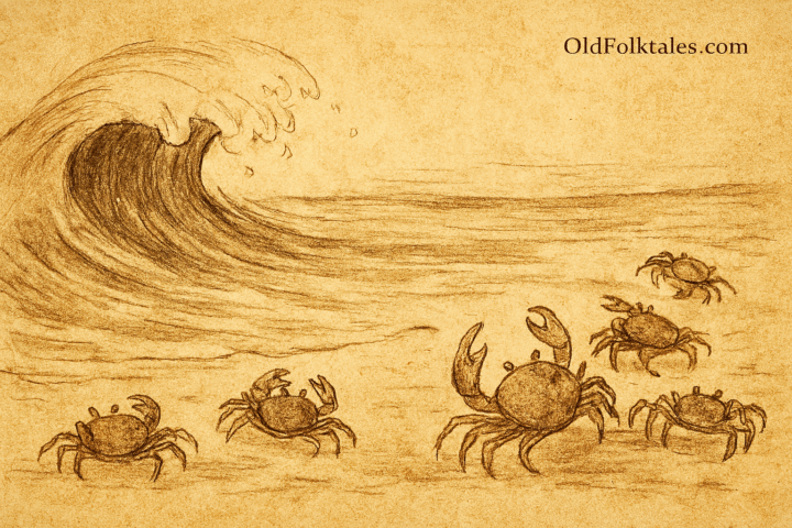 Parchment-style illustration of Philippine crabs marching to ocean as shrimp flees and wave rises behind them.