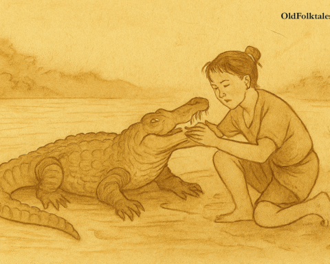 Parchment-style illustration of Timorese boy carrying dying crocodile toward the sea under tropical sun