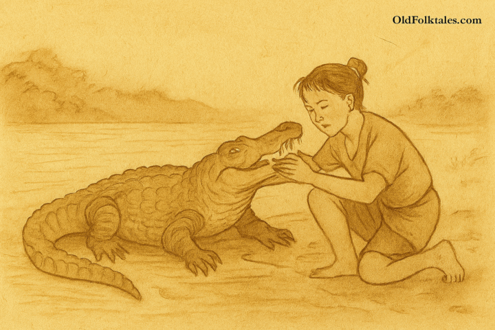 Parchment-style illustration of Timorese boy carrying dying crocodile toward the sea under tropical sun