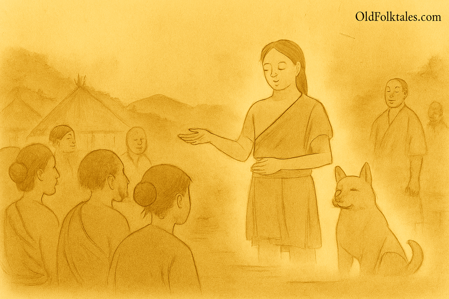 Parchment-style illustration of Dog Spirit speaking to East Timorese villagers in sacred covenant scene