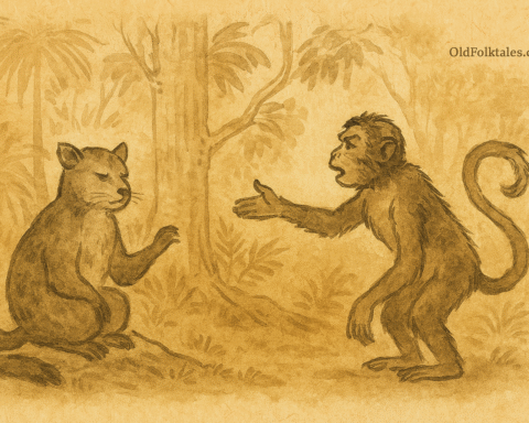 Parchment-style illustration of King Civet Cat and King Monkey arguing in East Timorese forest clearing