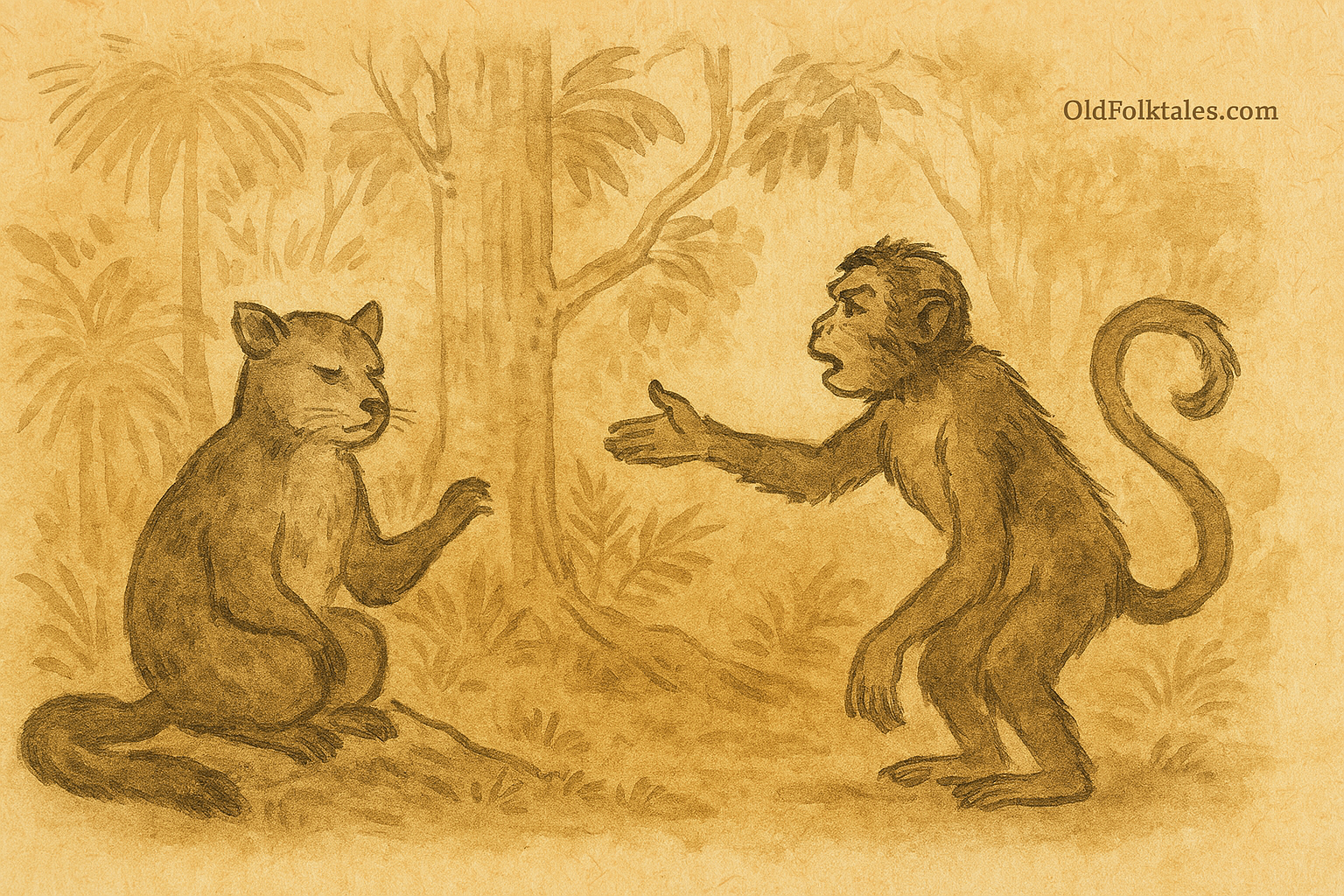 Parchment-style illustration of King Civet Cat and King Monkey arguing in East Timorese forest clearing