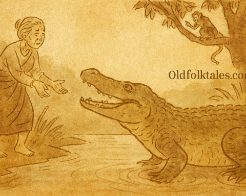 Parchment-style illustration of East Timorese old woman calling to crocodile in river as monkey warns from tree