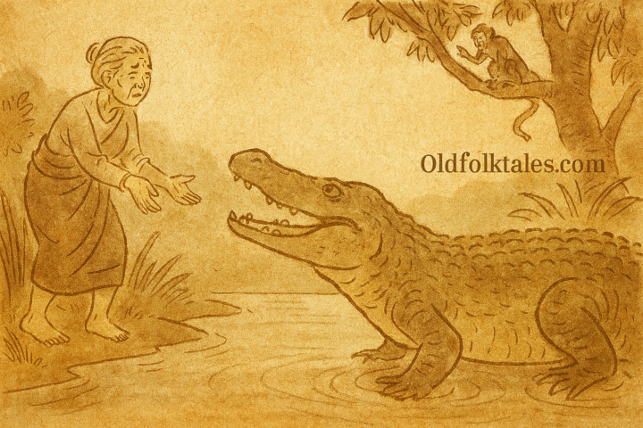 Parchment-style illustration of East Timorese old woman calling to crocodile in river as monkey warns from tree