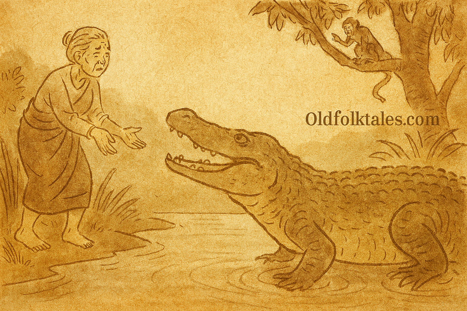 Parchment-style illustration of East Timorese old woman calling to crocodile in river as monkey warns from tree