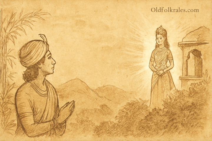 Parchment-style illustration of Indian prince gazing at glowing Princess Labam on palace rooftop at night
