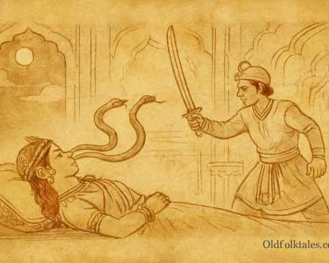 Parchment-style illustration of Indian prince slaying serpents from cursed princess’s nostrils in moonlit palace