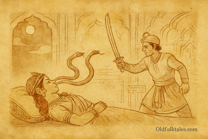 Parchment-style illustration of Indian prince slaying serpents from cursed princess’s nostrils in moonlit palace