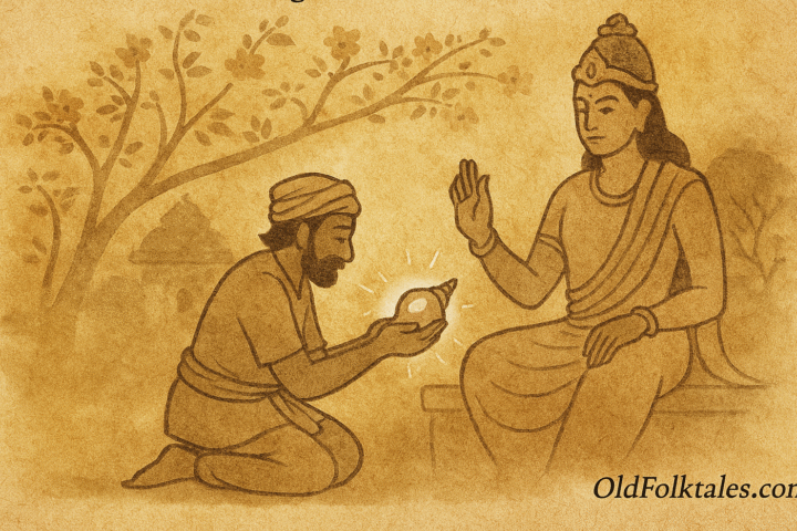 Parchment-style illustration of Indian farmer receiving glowing conch from Ram beneath banyan tree