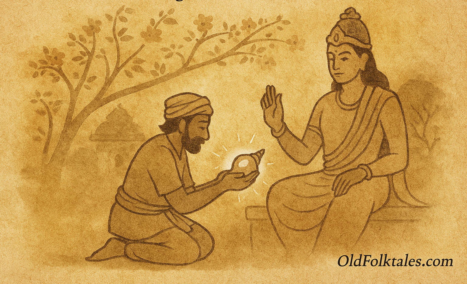 Parchment-style illustration of Indian farmer receiving glowing conch from Ram beneath banyan tree