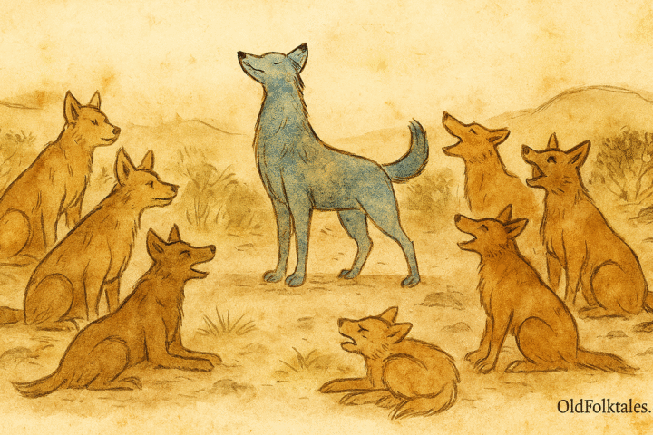 Parchment-style illustration of blue jackal strutting before skeptical jackals in Indian scrubland clearing