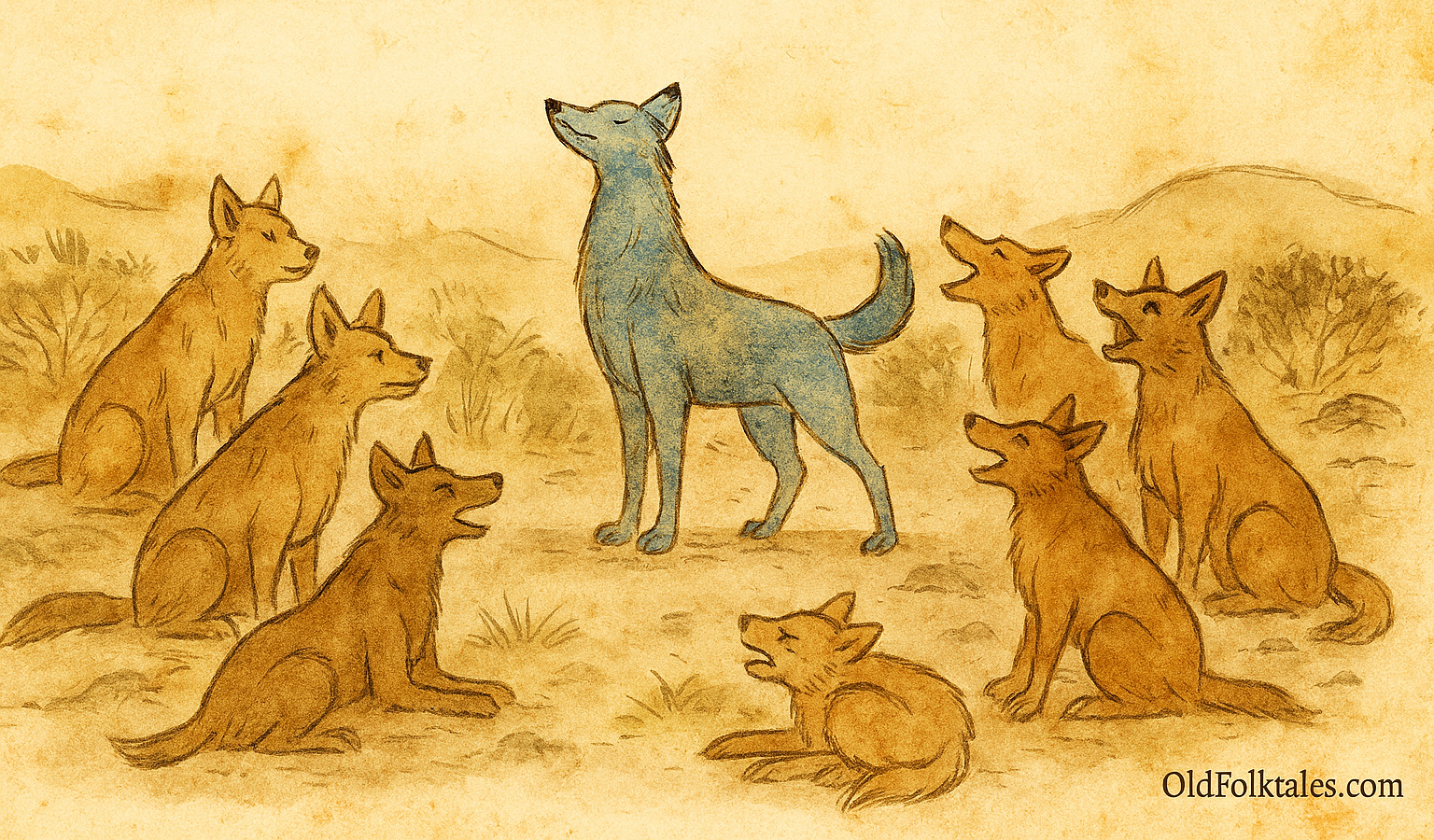Parchment-style illustration of blue jackal strutting before skeptical jackals in Indian scrubland clearing