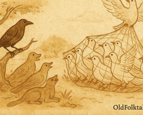 Parchment-style illustration of Pakistani doves escaping net in flight as crow watches from banyan tree