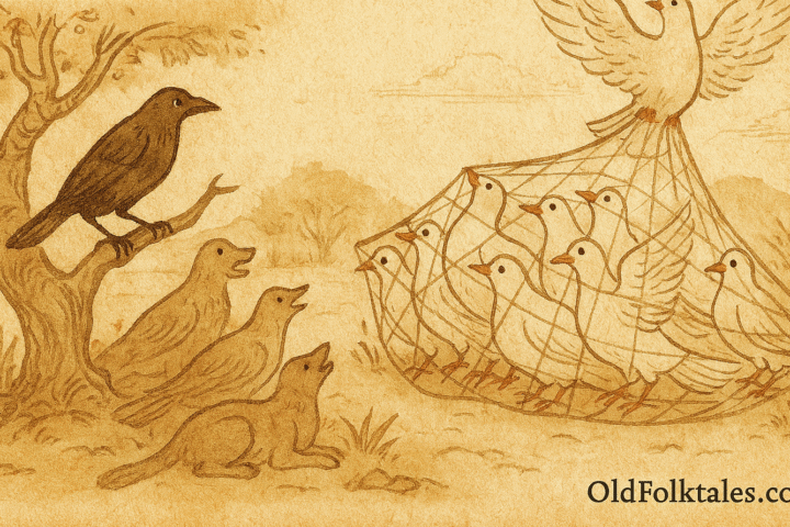 Parchment-style illustration of Pakistani doves escaping net in flight as crow watches from banyan tree