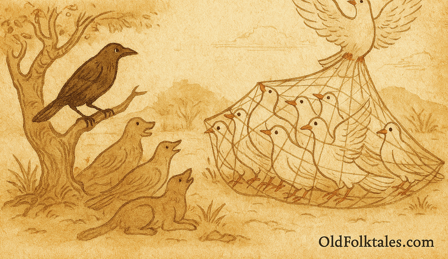 Parchment-style illustration of Pakistani doves escaping net in flight as crow watches from banyan tree